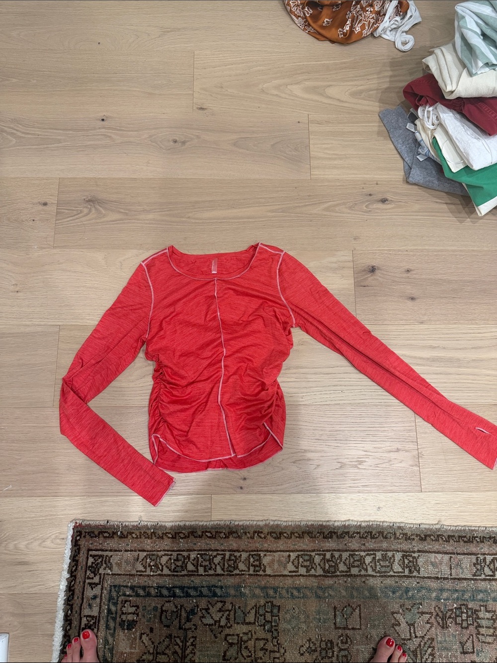 Free People Red Long-Sleeve Ruched Seam Top